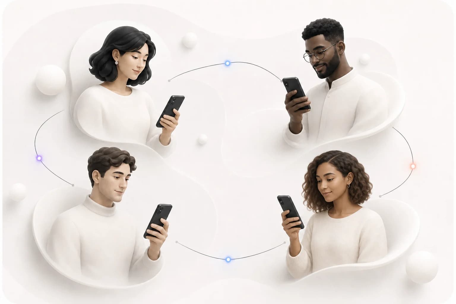 Ilustración de cuatro personas conectadas mediante una red local entre dispositivos