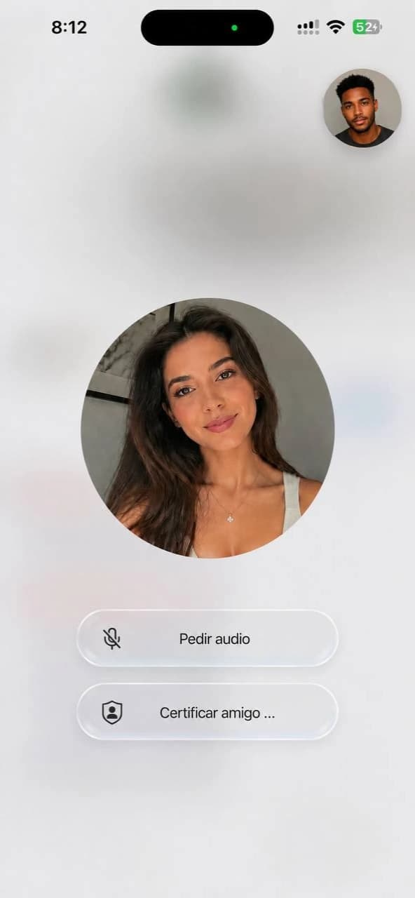 Micropresencia ampliada de Quebola con una persona en vivo en el centro y el vídeo propio en la esquina superior